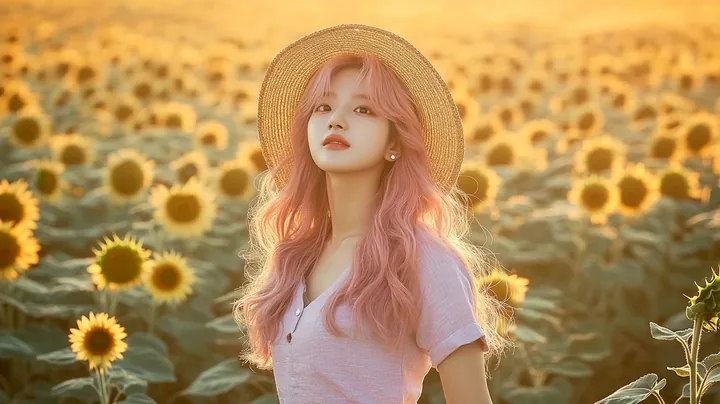 wide shot, standing in a field of sunflowers at sunrise, arms loose at her sides, chin lifted toward the light. a Korean woman with long wavy pastel peach-pink hair and a small pea