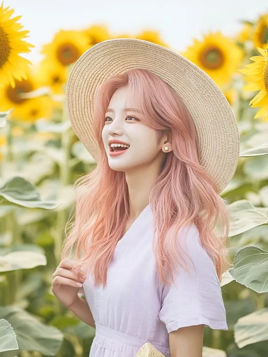 medium shot, walking through tall sunflowers, hat hanging in one hand, laughing at something off frame. a Korean woman aged 23 with a soft oval face and full cheeks, warm dark brow