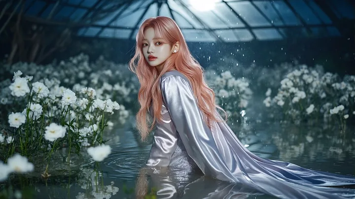 wide shot, standing ankle-deep in water inside an old glass greenhouse at night, white flowers all around, her reflection on the flooded floor. a Korean woman with long wavy pastel