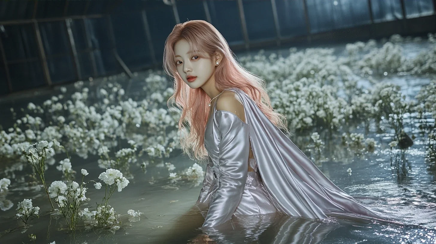 wide shot, standing ankle-deep in water inside an old glass greenhouse at night, white flowers all around, her reflection on the flooded floor. a Korean woman with long wavy pastel peach-pink hair and