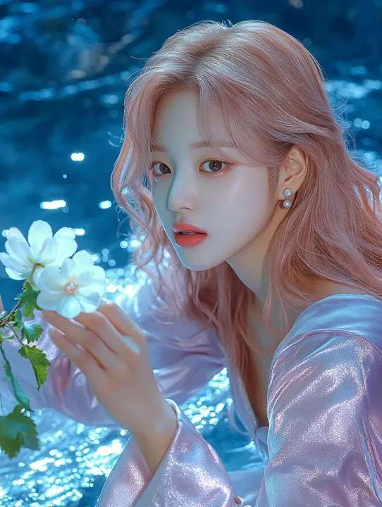medium shot, she touches a white flower on the vine, eyes on it, water rippling around her feet. a Korean woman aged 23 with a soft oval face and full cheeks, warm dark brown eyes,