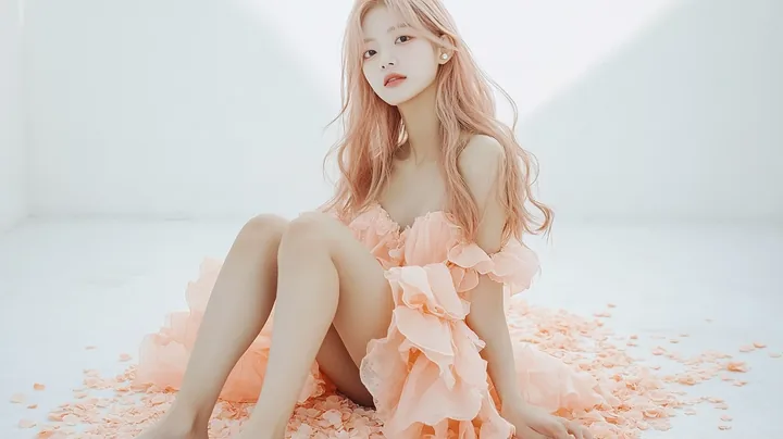 wide shot, a white room with a shallow layer of peach petals on the floor, she sits in the middle with her knees up, barefoot. a Korean woman with long wavy pastel peach-pink hair 