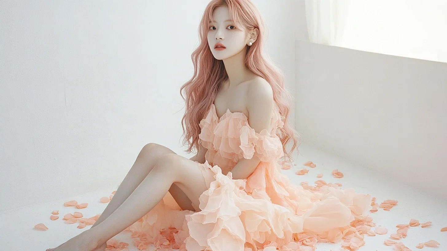 wide shot, a white room with a shallow layer of peach petals on the floor, she sits in the middle with her knees up, barefoot. a Korean woman with long wavy pastel peach-pink hair and a small pearl st