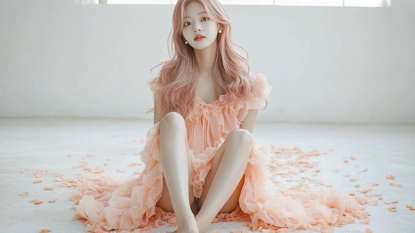 wide shot, a white room with a shallow layer of peach petals on the floor, she sits in the middle with her knees up, barefoot. a Korean woman with long wavy pastel peach-pink hair and a small pearl st