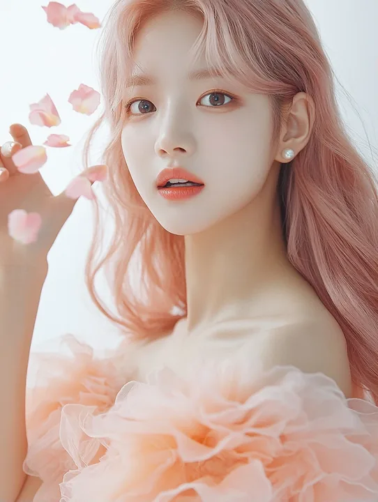 medium shot, she lets petals fall from her open hand and watches them land. a Korean woman aged 23 with a soft oval face and full cheeks, warm dark brown eyes, a tiny beauty mark u