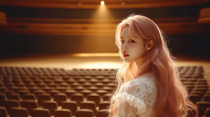 wide shot, alone in a vast empty concert hall, rows of seats in shadow, one warm spotlight on the stage behind her. a Korean woman with long wavy pastel peach-pink hair and a small