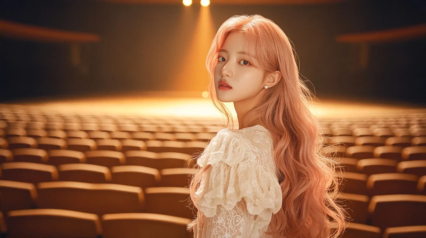 wide shot, alone in a vast empty concert hall, rows of seats in shadow, one warm spotlight on the stage behind her. a Korean woman with long wavy pastel peach-pink hair and a small pearl stud earring.