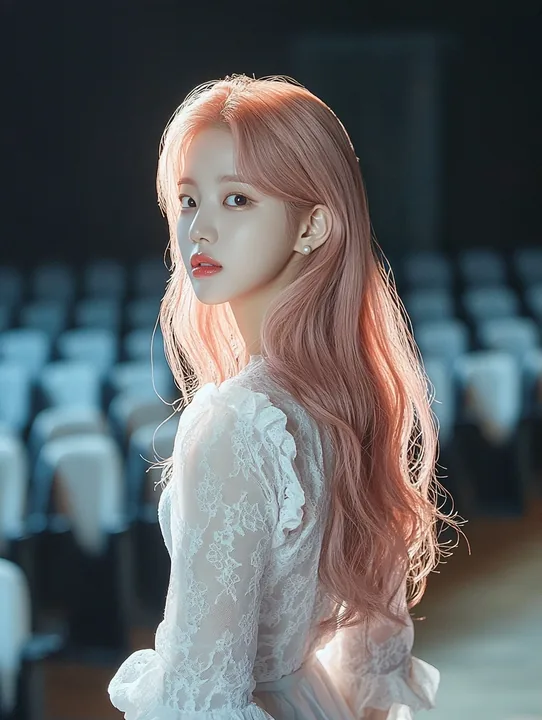 medium shot, she stands at the edge of the stage looking out at the empty seats, hands behind her back. a Korean woman aged 23 with a soft oval face and full cheeks, warm dark brow