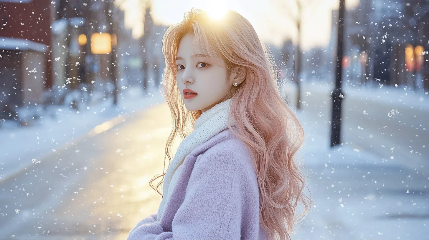 wide shot, an empty street at first snow, she stands under a streetlight with her hands in her pockets, flakes in the cone of light. a Korean woman with long wavy pastel peach-pink hair and a small pe