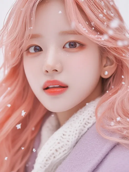 close-up, snowflakes caught on her lashes and hair, cheeks pink from the cold, a small smile. a Korean woman aged 23 with a soft oval face and full cheeks, warm dark brown eyes, a 