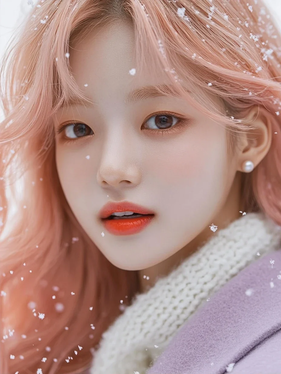 close-up, snowflakes caught on her lashes and hair, cheeks pink from the cold, a small smile. a Korean woman aged 23 with a soft oval face and full cheeks, warm dark brown eyes, a tiny beauty mark und