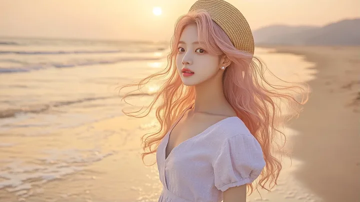 wide shot, standing at the edge of the sea just after sunrise, dress lifted by the wind, wet sand reflecting the sky. a Korean woman with long wavy pastel peach-pink hair and a sma