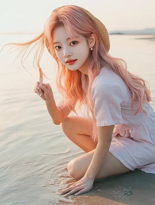 medium shot, she crouches at the waterline writing something in the wet sand with one finger, hair falling forward. a Korean woman aged 23 with a soft oval face and full cheeks, wa