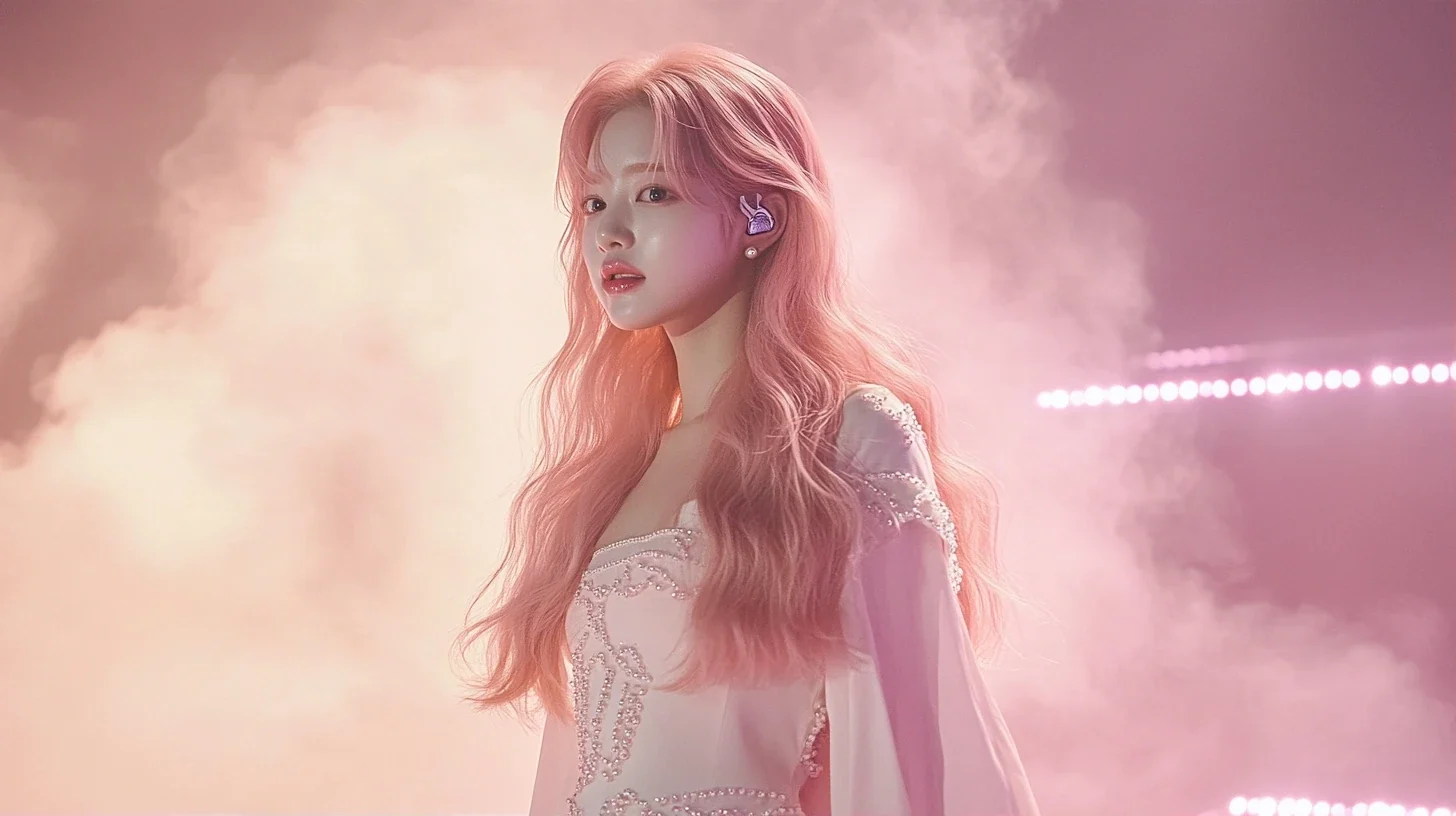 wide shot from the audience, she is the only lit figure on the music-show stage, haze and pastel LED panels around her. a Korean woman with long wavy pastel peach-pink hair and a small pearl stud earr