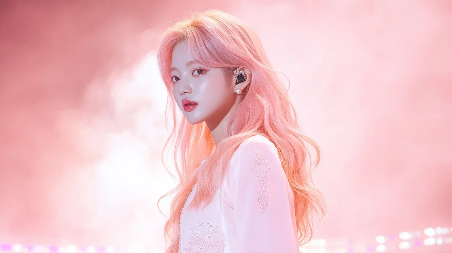 wide shot from the audience, she is the only lit figure on the music-show stage, haze and pastel LED panels around her. a Korean woman with long wavy pastel peach-pink hair and a small pearl stud earr