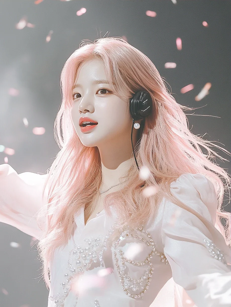 medium shot, mid-song, headset microphone, one arm out, confetti beginning to fall. a Korean woman aged 23 with a soft oval face and full cheeks, warm dark brown eyes, a tiny beauty mark under her rig