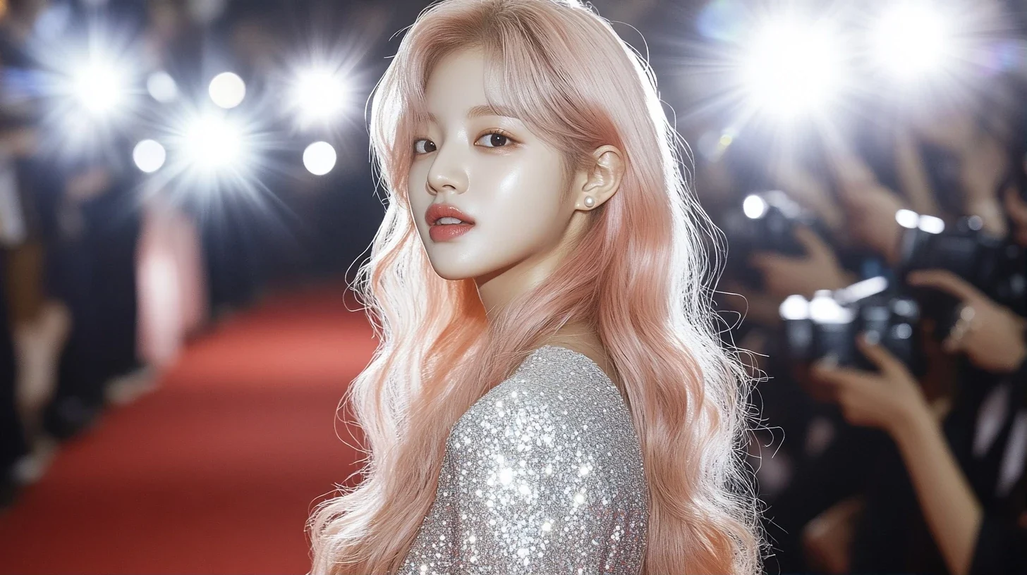 wide shot, standing alone on a red carpet as camera flashes fire, the crowd a blur of light behind her. a Korean woman with long wavy pastel peach-pink hair and a small pearl stud earring. silver-whit