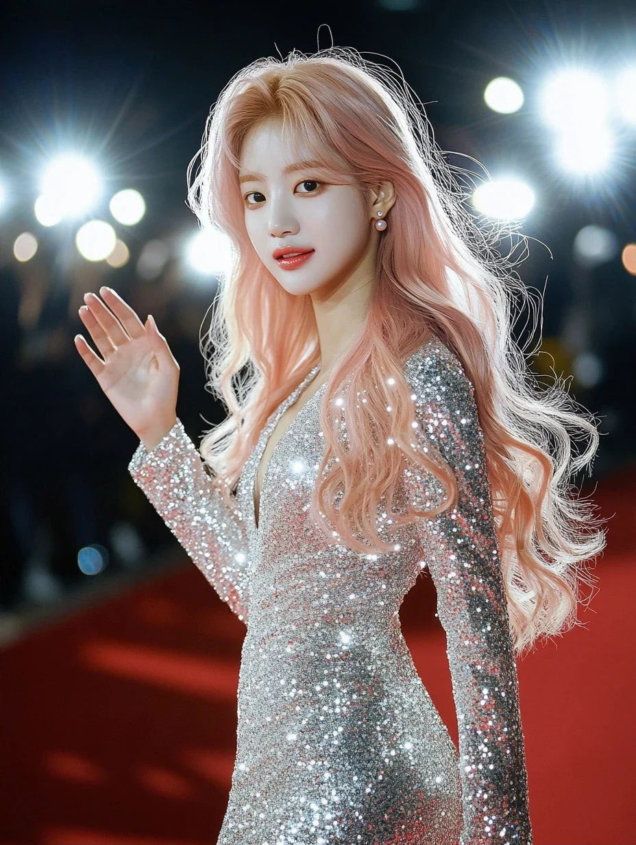 full length, walking towards the camera on a red carpet, one hand lifted in a small wave, sequins catching every flash. a Korean woman with long wavy pastel peach-pink hair and a small pearl stud earr