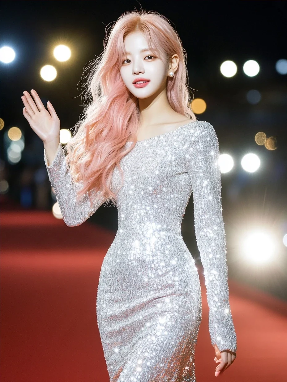 full length, walking towards the camera on a red carpet, one hand lifted in a small wave, sequins catching every flash. a Korean woman with long wavy pastel peach-pink hair and a small pearl stud earr